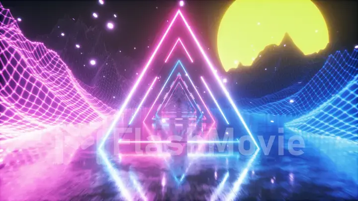 80's Abstract retro futuristic background. Beautiful 3d illustration with ultraviolet neon triangle modern lights. Retro wave stylization. Flying in space with particles and sun