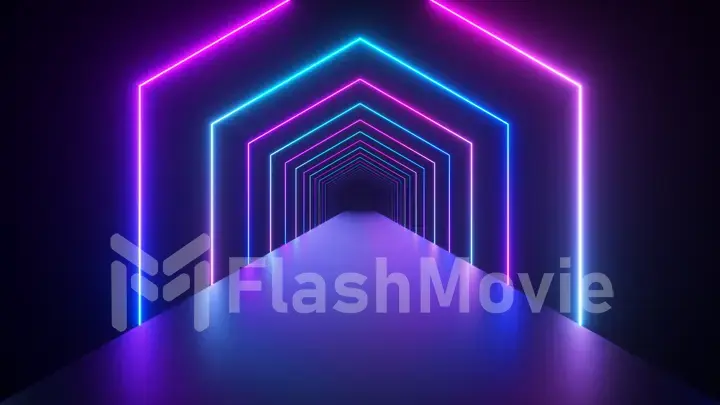 Abstract geometric background with rotating squares, fluorescent ultraviolet light, glowing neon lines, spinning tunnel, modern colorful blue red pink purple spectrum, 3d illustration