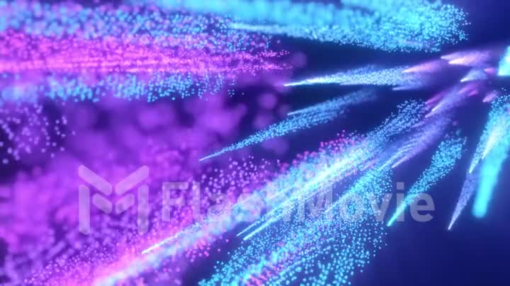 Neon particles of pink blue light in a chaotic motion. Seamless loop 4k abstract motion background. Fluorescent ultraviolet light, laser neon lines