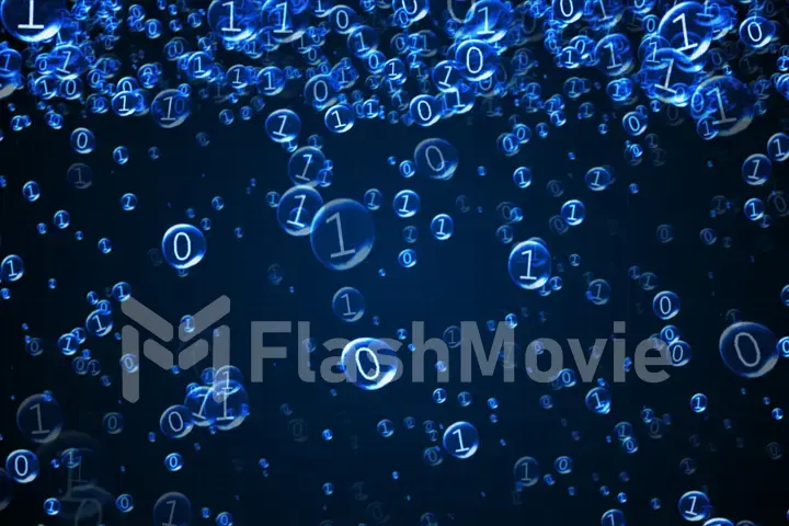The binary code inside the bubbles rises. Blue interface, 3d illustration