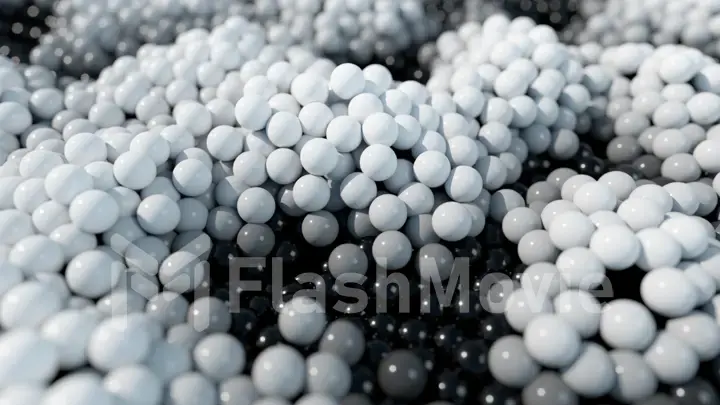 Dynamic black and white balls on a moving wave surface. 3d illustration