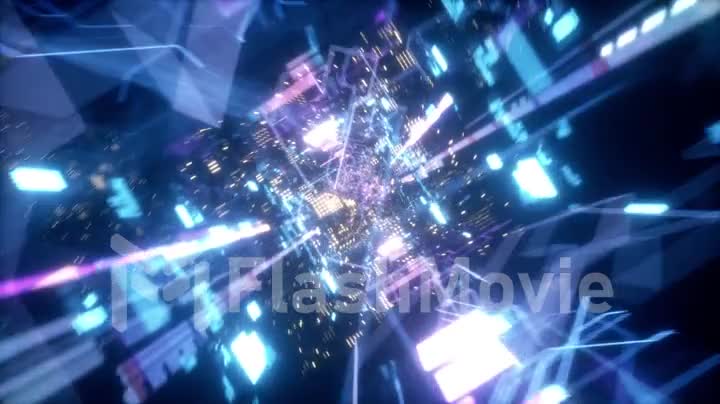 Flying in the chaotic technological futuristic space tunnel. Animation for music videos, nightclubs, audiovisual shows and performance, LED screens and projection cards. Seamless loop 3d render