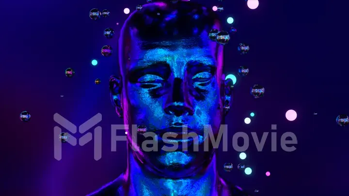 Funny 3d illustration of a wrinkling soft metal face. The human chrome face is crumpled. Rest and relaxation concept. A shower from spheres pours on my head.