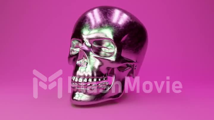 A scratched metal human skull rotates 360 degrees against a glamorous pink background. Seamless loop 3d render