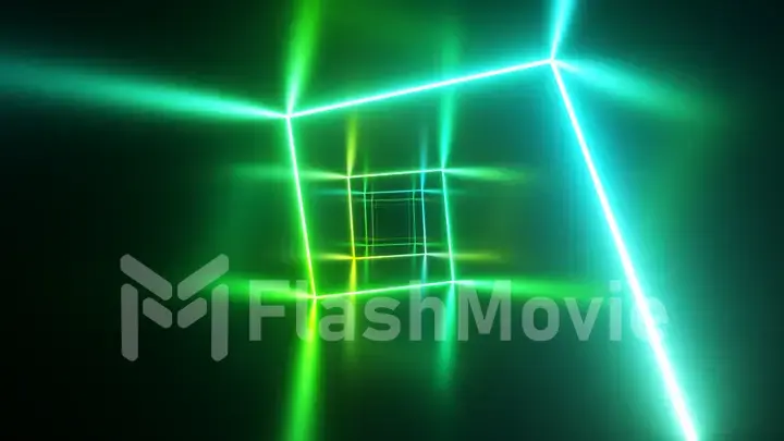 Endless flight in the corridor with a laser neon curve. Modern ultraviolet lighting. Blue green light spectrum. 3d illustration