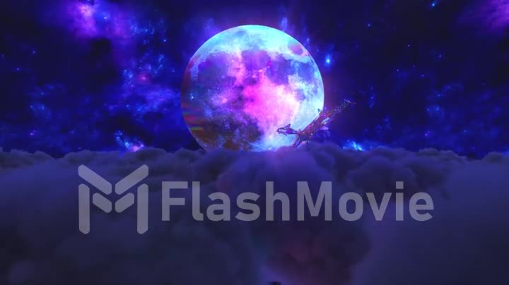 Diamond dolphins jump out of the clouds against the backdrop of the moon. Blue color. 3d animation of seamless loop
