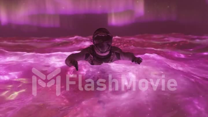 Space abstract concept. The astronaut swims in the red space water. Neon. Aurora Borealis. Waves. Flow. 3d animation