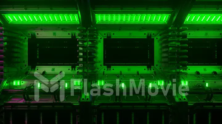 Flying into spaceship tunnel, sci-fi spaceship corridor. Futuristic technology for technical titles and backgrounds. Internet traffic graphics, speed. 33d illustration