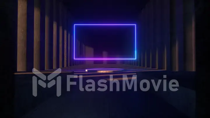 Bright neon frame in the middle of a stone concrete museum. Copy space. Modern light spectrum. Architectural neon animation background 3d illustration