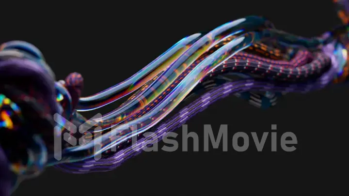 Colored electronic wires and ropes are twisted on a black background. Close-up. Computer industry equipment. Blue neon