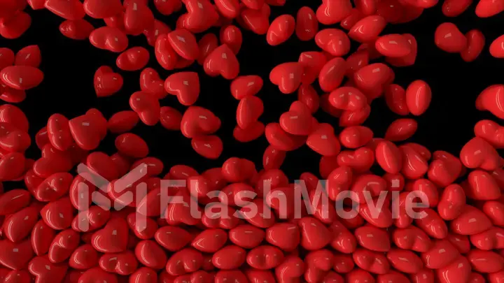 Falling dynamic red hearts filling the screen on isolated black background. 3d illustration