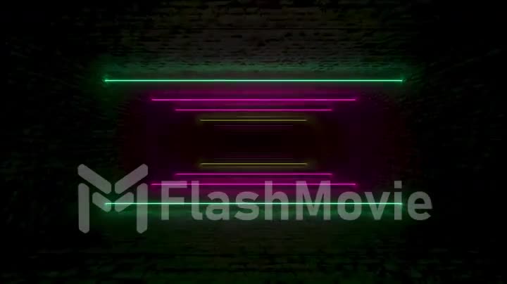 Flying through glowing neon lines creating a brick tunnel, blue red pink violet spectrum, fluorescent ultraviolet light, modern colorful lighting, 4k seamless loop cg animation