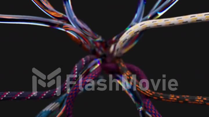 Wires, ropes, ropes and tubes on a dark background. Close-up. Splash, undulating motion. Turbidity. 3d animation