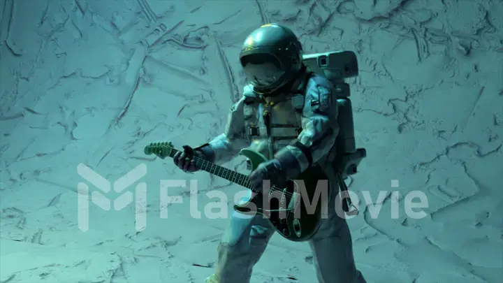 Space concept. Astronaut musician playing the guitar. Flashing neon green blue light. 3d illustration