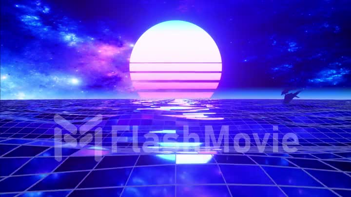 Retro 80s style. Fly endlessly over the digital ocean. Dolphins are jumping over the water. Colorful retro sunset. Seamless loop 3d animation