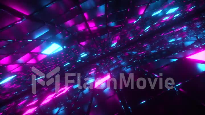 Flying in endless space of neon and metal cubes