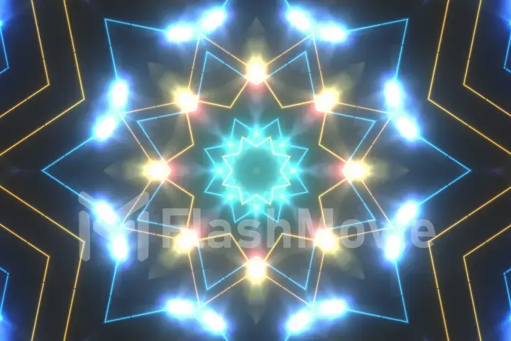 Abstract disco kaleidoscopes background with glowing neon colorful lines and geometric shapes for music videos, VJ, DJ, stage, LED screens, show, events, christmas videos, night clubs. 3d illustration