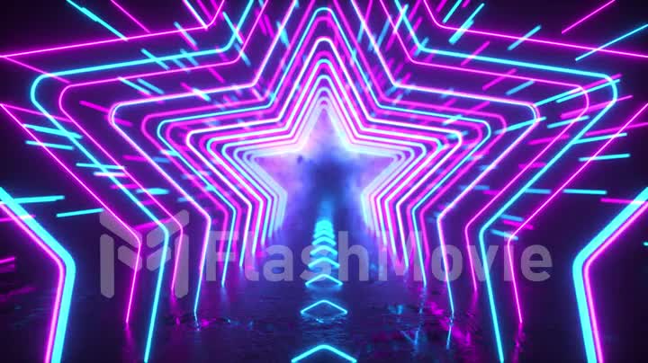 Abstract neon background. Neon stars and lines move through space. Reflection. Futuristic background. Neon traffic. Seamless Looping 3D 4K animation