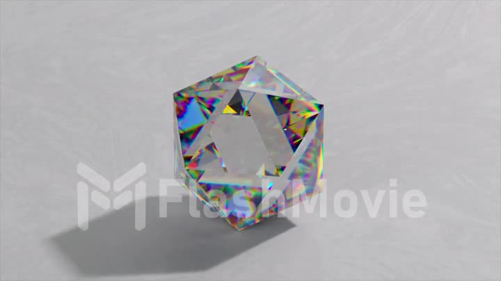 Sparkling light rhombus cut diamond with shadow and glowing highlights on white background. 3d animation