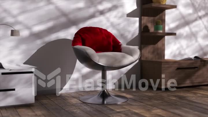 Abstract concept. The gray fabric on the chair turns into red velvet. Furniture. Shadow on the white wall. 3d animation