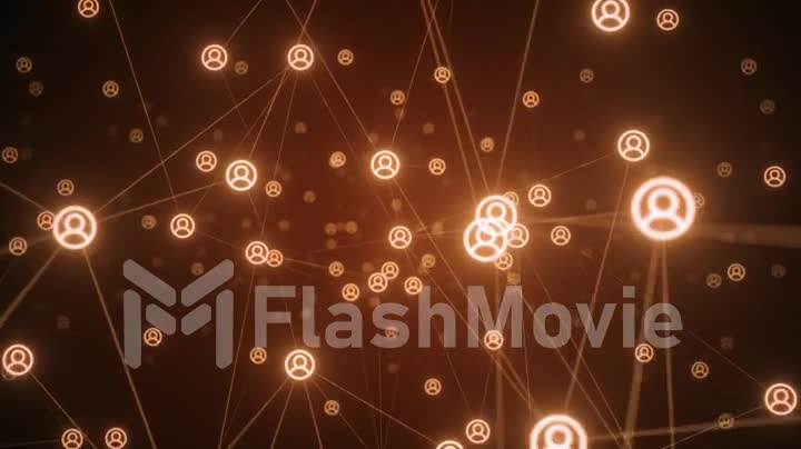 Connecting people on the internet, nodes transforming. Flight of the camera in the technological abstract space. Social network connections. Seamless loop 4k cg animation. Orange color