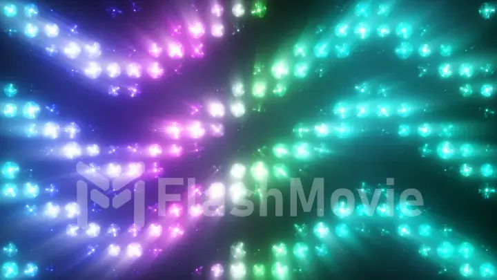 Colorful flashing of multicolored spotlights of light bulbs in texture from bottom to top with smoke. 3d illustration