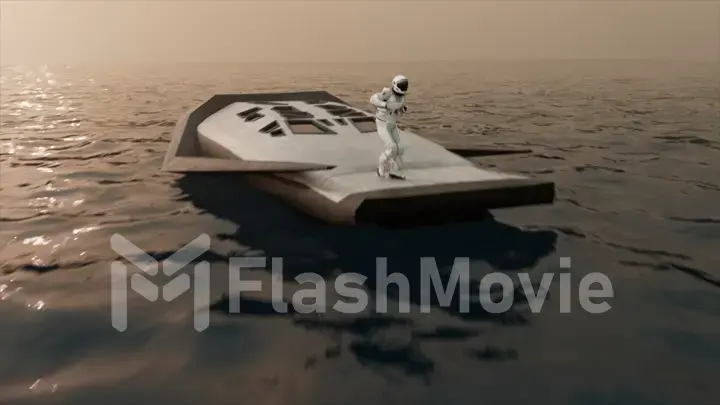 The concept of space exploration. An astronaut in a white spacesuit is dancing on a spaceship in the middle of the sea