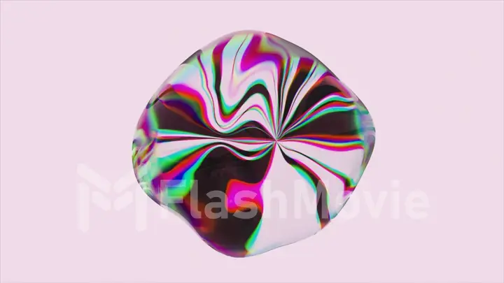 Abstract sphere made of iridescent transparent liquid changes shape on a white isolated background. Light refraction.