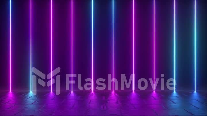 Vertical luminous lines, ultraviolet spectrum, blue-violet neon lights, laser show, nightclub, equalizer, abstract fluorescent background, optical illusion, virtual reality. Seamless loop