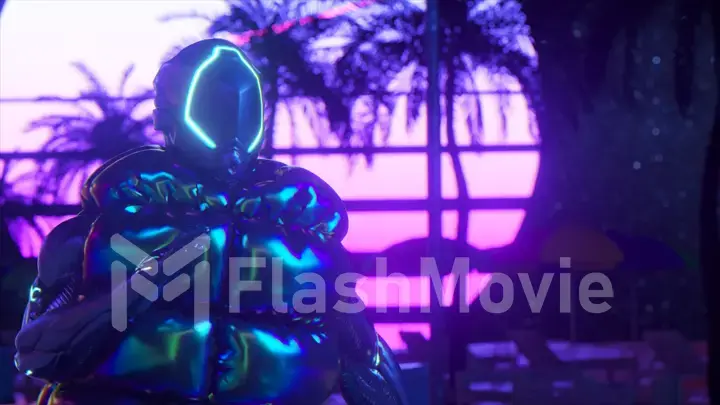 Cyberpunk guy dancing on retro background. Sunset. Blue neon color. Futuristic concept. 3d illustration