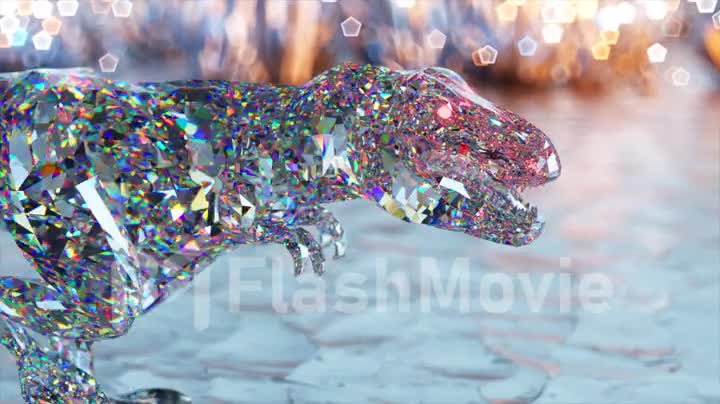 Diamond dinosaur walks on a glowing background. Slow motion. Brilliant, shining. 3d animation of seamless loop