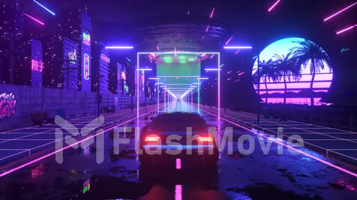 Car and city in neon style. 80s retro wave background 3d illustration. Retro futuristic car drive through neon city.