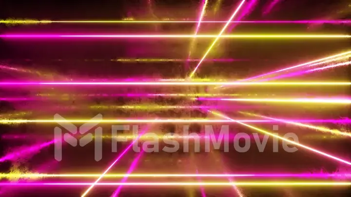 Abstract background, moving neon rays, luminous lines inside the the metallic scratched room, fluorescent ultraviolet light, yellow red pink spectrum, 3d illustration