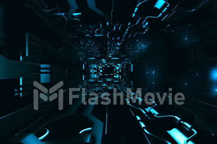 Fly inside of futuristic metallic corridor 3d rendering