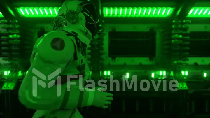 Astronaut runs through a tunnel to another compartment of the space gate. Spaceship and technology concept. 3d illustration