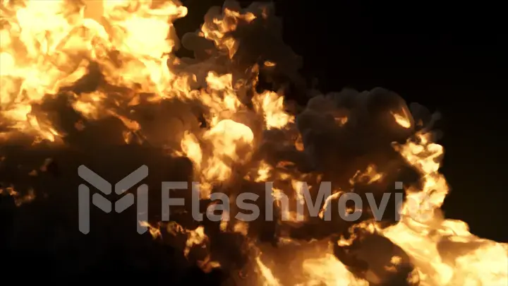 Ultra realistic explosion with thick black smoke on an isolated black background 3d illustration
