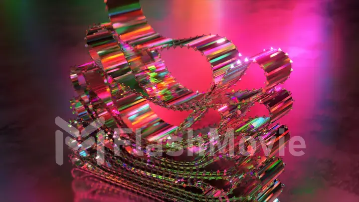 Pink crystal ribbons on an abstract background. Dynamic tapes slowly lay down in layers. Diamond. Rainbow. Reflection
