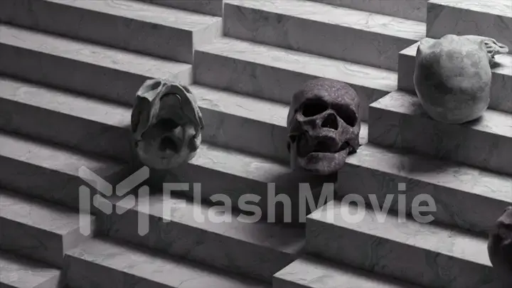 Horror concept. Soft gray and black skulls roll down the stairs. Marble stairs. Close-up. Advertising. 3d illustration.