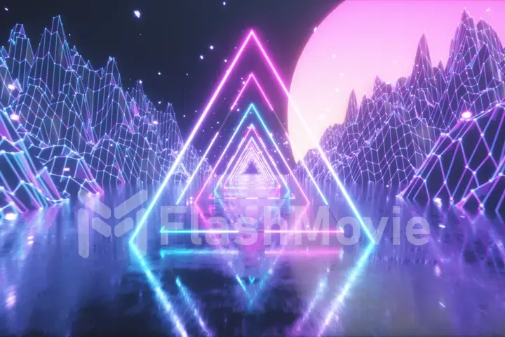 80's Abstract retro futuristic background. Beautiful 3d illustration with ultraviolet neon triangle modern lights. Retro wave stylization. Flying in space with particles and sun