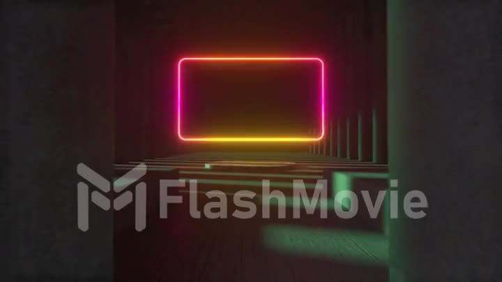 Bright neon frame in the middle of a stone concrete museum. Copy space. Modern light spectrum. Architectural neon animation background