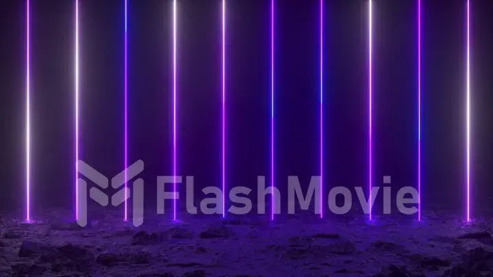 Futuristic concept. Sci-fi abstract blue purple neon lines on dark background. Reflection on the floor. 3d illustration