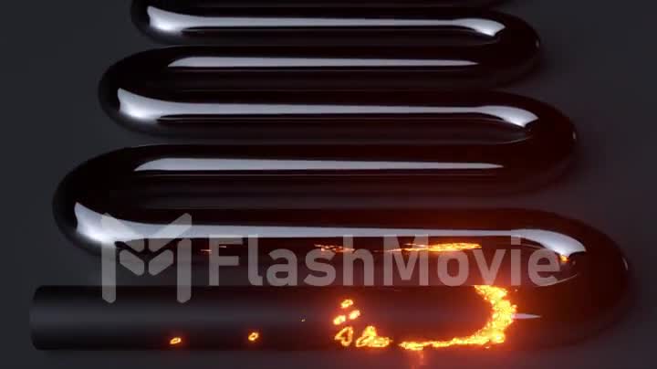 A bright neon fire moves along a curved tube, turning a glossy surface into a matte one. Particle trail. Red black color