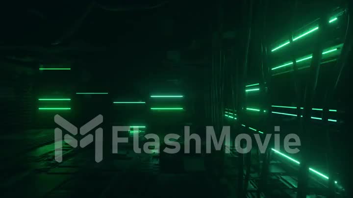 Neon background. Green and blue neon background appears and disappears. Bright vibrant neon background. Technological space. Room. 3d animation
