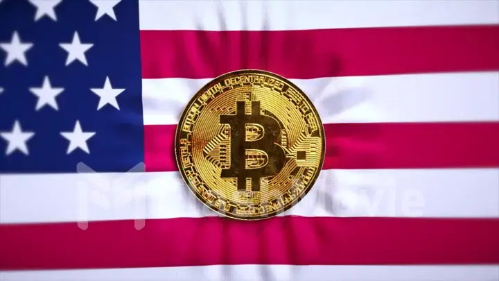 The American flag is unfurled and Bitcoin opens. Gold coin. Cryptocurrency. Mining. Wrinkled fabric.