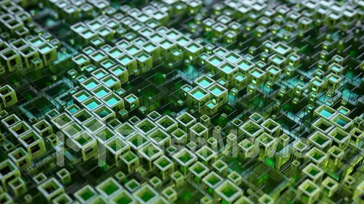 3d illustration of colorful glass rows of cubes floating through the prog, creating an abstract graphic background technology texture. Green blue color