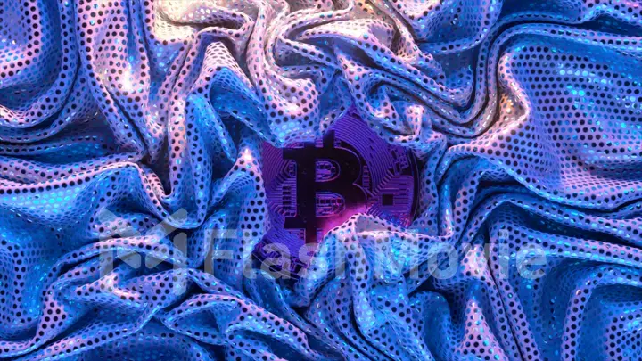 Cryptocurrency concept. A golden bitcoin surrounded by a shiny blue textile. Creases in fabric. 3d illustration