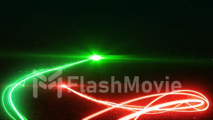 Red and green light streak breaks out on a black background with smoke and light particles 3d illustration