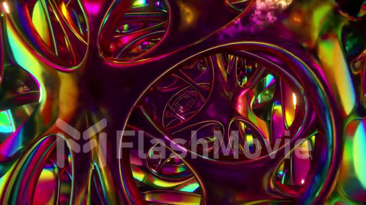 Flying through an abstract alien structure illuminated by neon lights. Modern ultraviolet lighting. 3d Animation of seamless loop