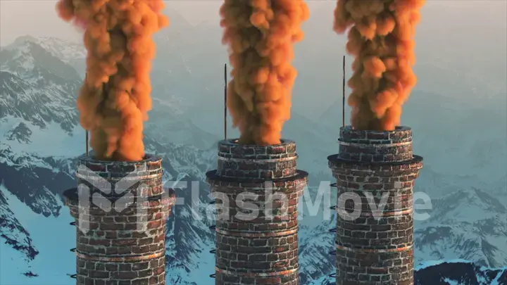 Brick chimney on the against the backdrop of a snowy mountain landscape. Colored smoke. Winter. 3d Illustration.