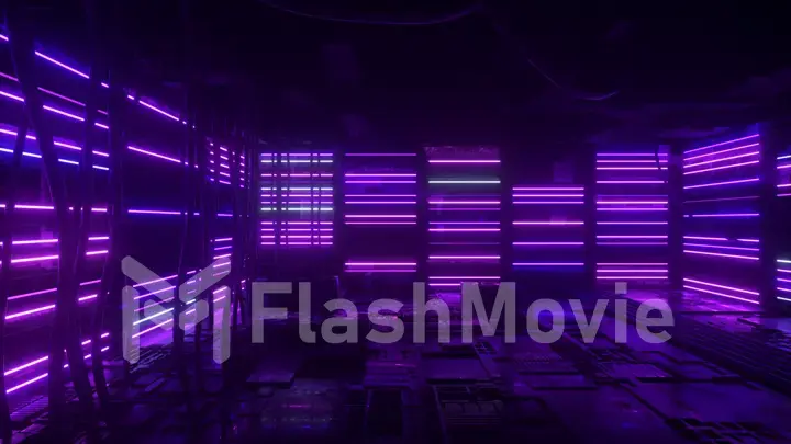 Neon background. Purple and blue neon background appears and disappears. Bright vibrant neon background. Technological space. Room. 3d illustration